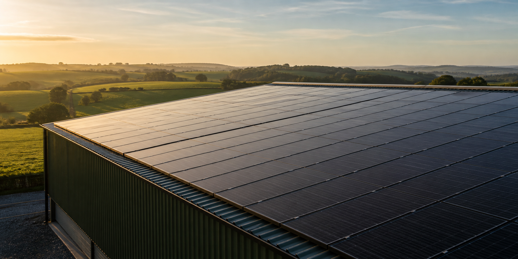 Large commercial rooftop solar installation overlooking the County Durham countryside