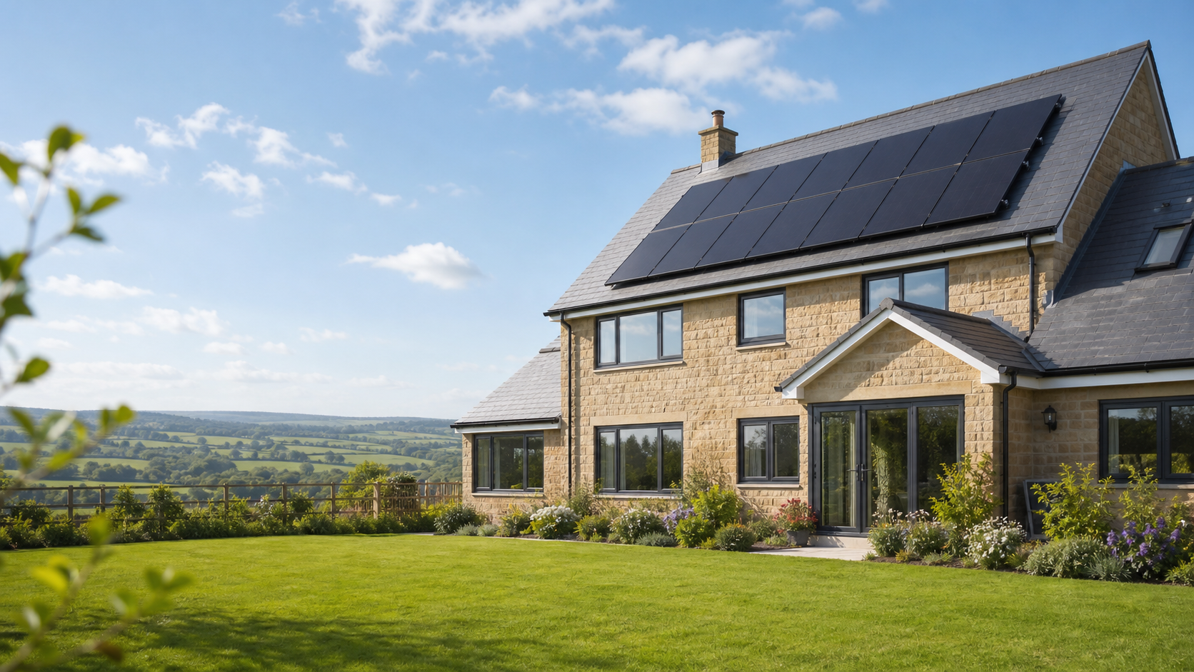 Residential solar panels fitted to a modern stone home